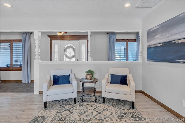 sitting room featuring plenty of natural light, a textured ceiling, and light wood-type flooring