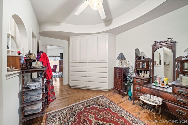 interior space with ceiling fan and light wood-type flooring