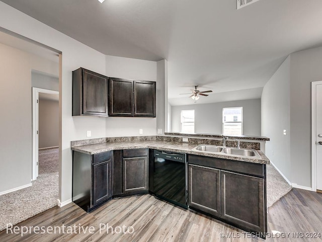 kitchen featuring dark brown cabinetry, ceiling fan, dishwasher, sink, and light hardwood / wood-style flooring