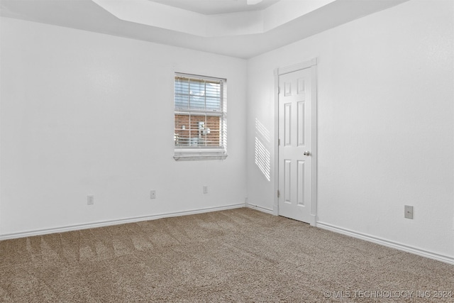 carpeted empty room featuring a raised ceiling