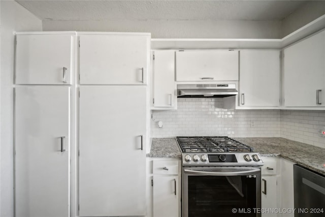 kitchen featuring stainless steel appliances, tasteful backsplash, light stone counters, ventilation hood, and white cabinets