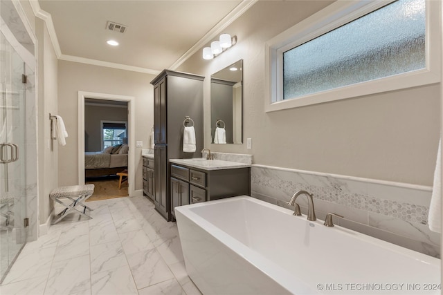 bathroom featuring vanity, separate shower and tub, and crown molding