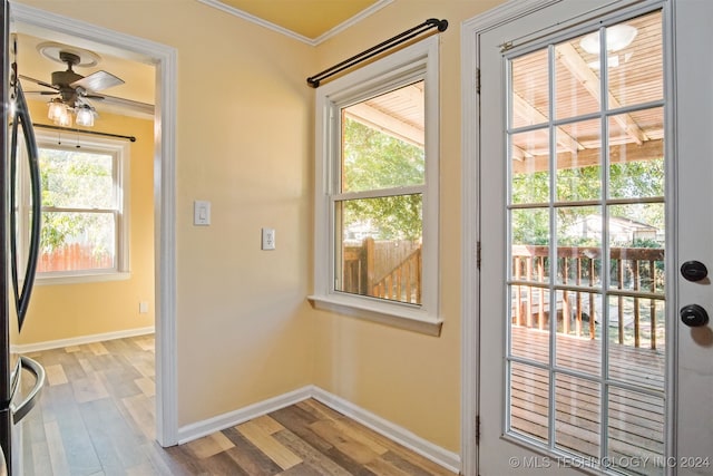 entryway with light hardwood / wood-style flooring, a wealth of natural light, ornamental molding, and ceiling fan