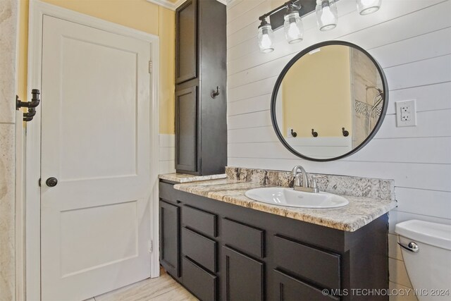 bathroom featuring vanity, toilet, and wooden walls