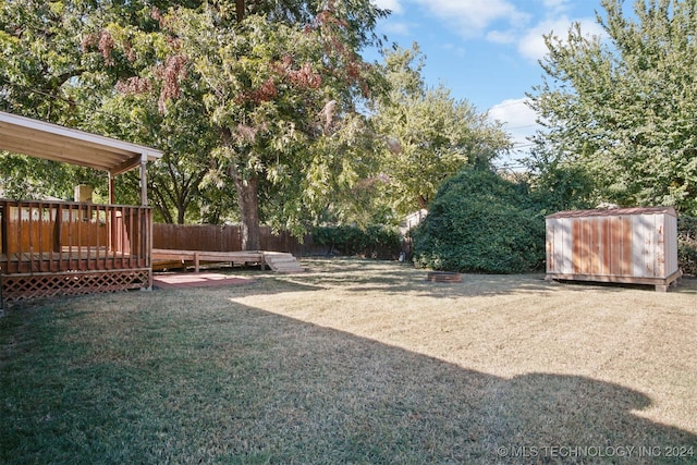 view of yard with a deck and a storage shed