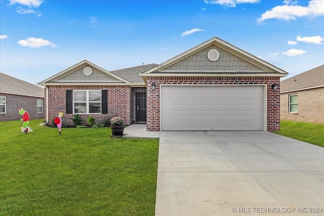 single story home featuring a garage and a front yard