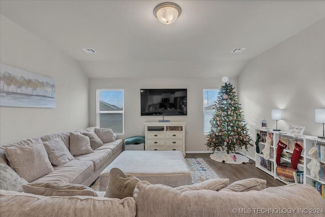 living room featuring hardwood / wood-style floors and lofted ceiling