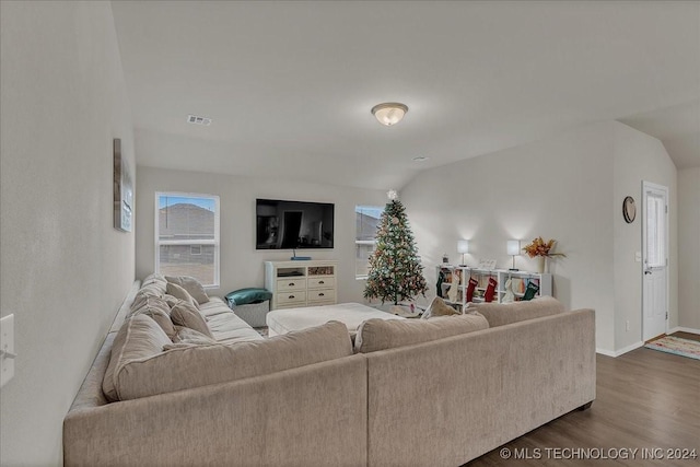 living room featuring dark wood-type flooring and vaulted ceiling