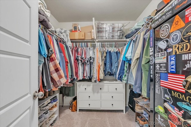 walk in closet featuring light colored carpet