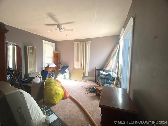 interior space with carpet flooring and ceiling fan