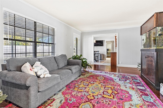 living room with dark hardwood / wood-style floors and ornamental molding