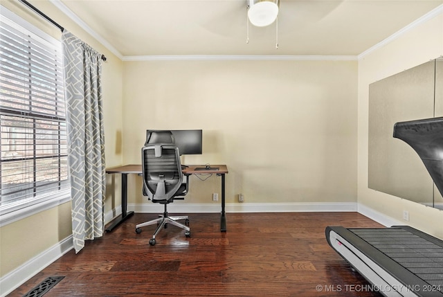 office space featuring dark hardwood / wood-style floors, ceiling fan, and crown molding