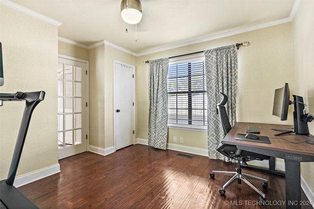 home office featuring crown molding and dark wood-type flooring