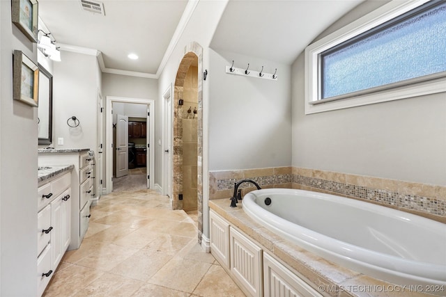 bathroom featuring vanity, crown molding, and shower with separate bathtub