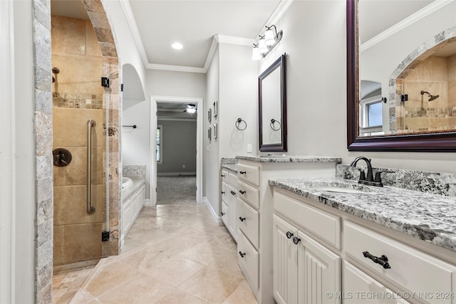 bathroom with vanity, independent shower and bath, ceiling fan, and crown molding