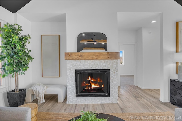 living room with light hardwood / wood-style floors and a fireplace