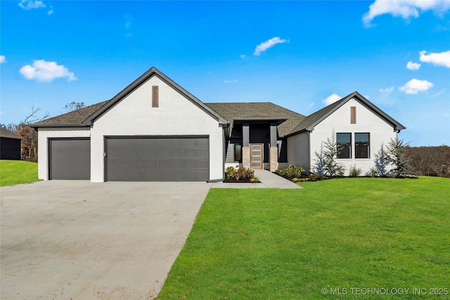 view of front of home featuring driveway, an attached garage, a shingled roof, a front lawn, and brick siding