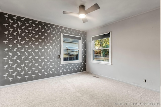 carpeted empty room with ceiling fan and crown molding