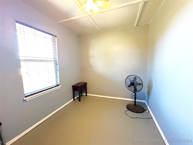 76 N Greer, Eufaula, OK 74432 - miscellaneous room featuring attic access, finished concrete flooring, baseboards, and ceiling fan