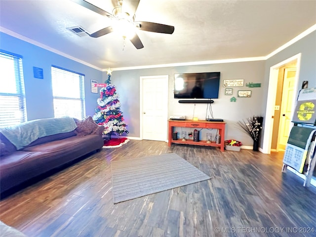 living room featuring ceiling fan, crown molding, and dark wood-type flooring