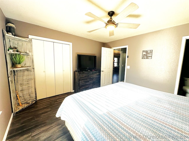 bedroom featuring a closet, ceiling fan, and dark wood-type flooring