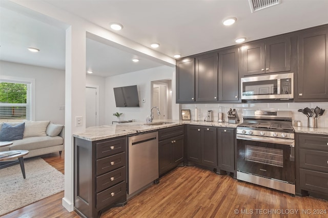 kitchen featuring sink, wood-type flooring, stainless steel appliances, and tasteful backsplash