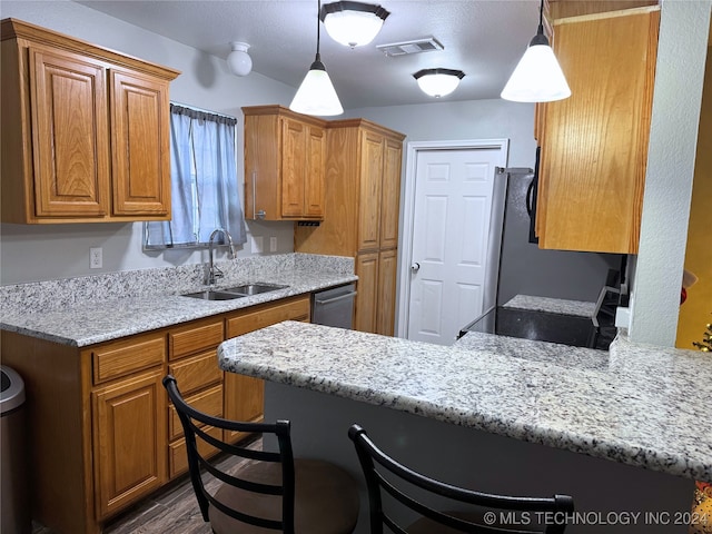 kitchen with pendant lighting, dark hardwood / wood-style flooring, sink, and stainless steel appliances