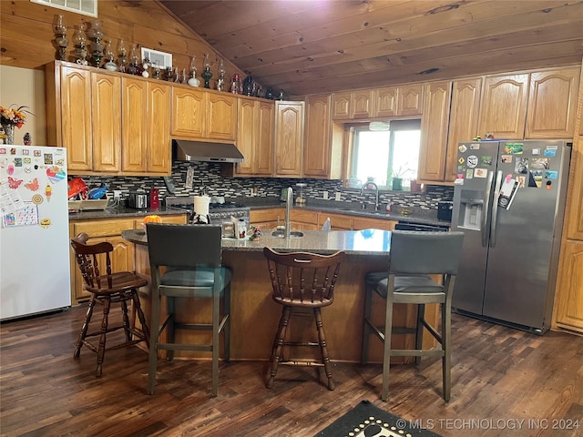 kitchen featuring stainless steel appliances, under cabinet range hood, dark wood-type flooring, and a sink