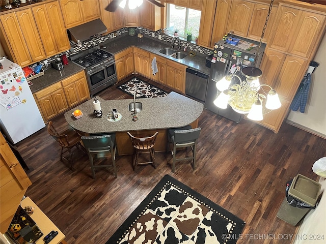 kitchen with stainless steel appliances, dark wood-style floors, a sink, and ventilation hood