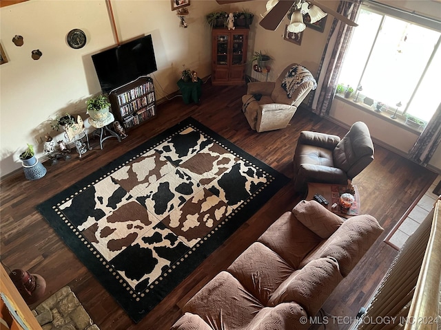 living room featuring ceiling fan and dark hardwood / wood-style flooring