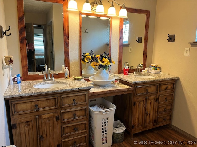 bathroom with wood finished floors, two vanities, and a sink
