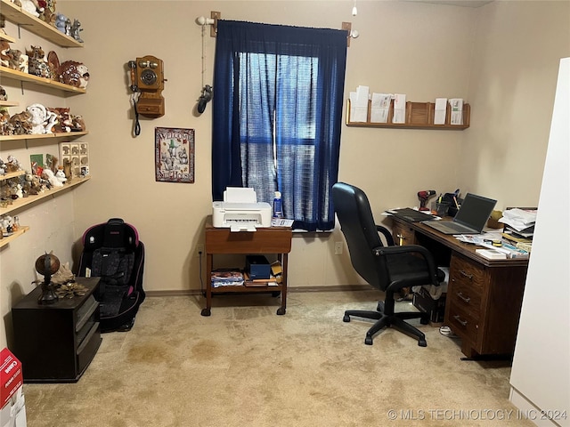 home office featuring light carpet