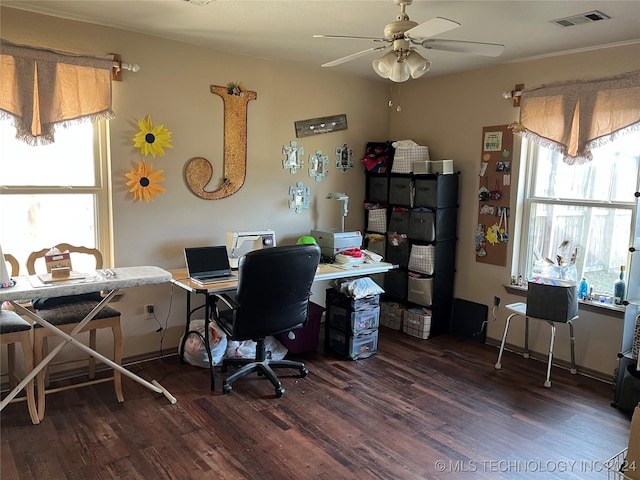 office area featuring wood finished floors, a ceiling fan, visible vents, and plenty of natural light