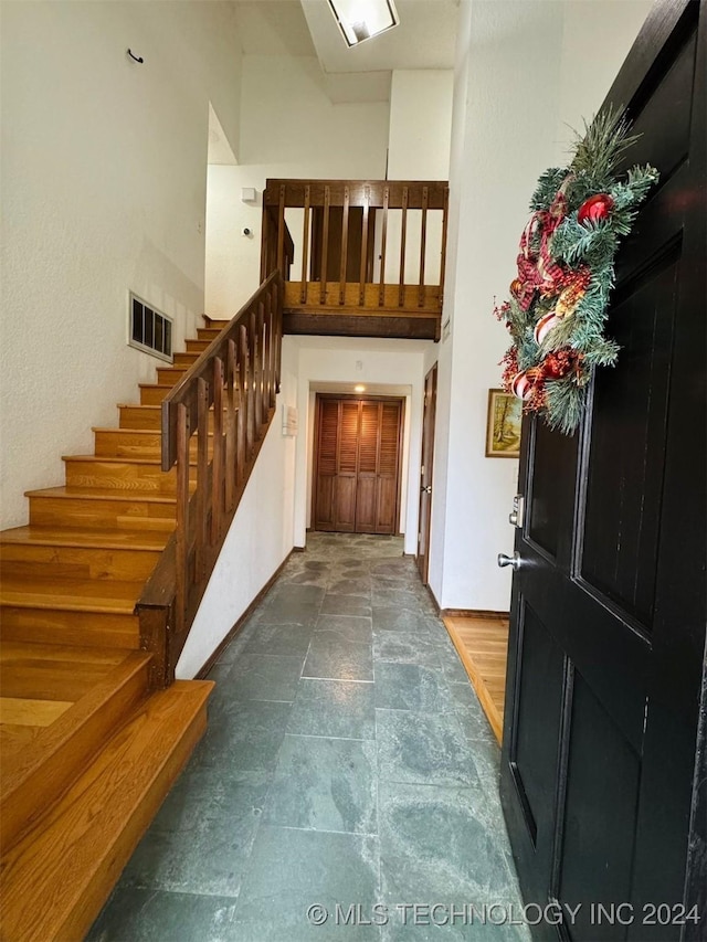 foyer entrance featuring a towering ceiling and dark wood-type flooring