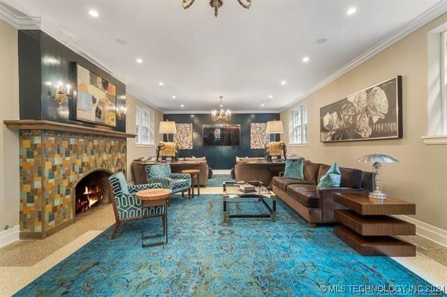 carpeted living room with an inviting chandelier and crown molding