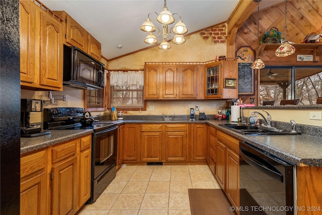 kitchen with pendant lighting, black appliances, sink, light tile patterned flooring, and a chandelier