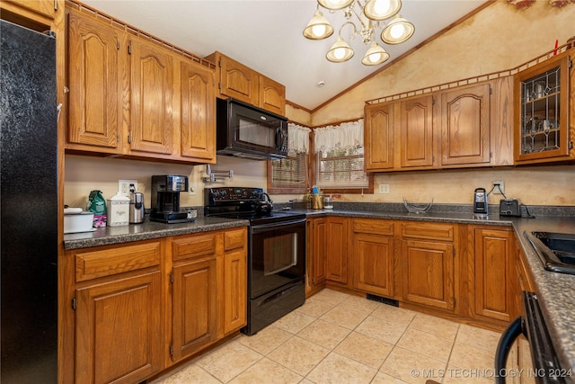 kitchen featuring light tile patterned floors, black appliances, vaulted ceiling, and an inviting chandelier