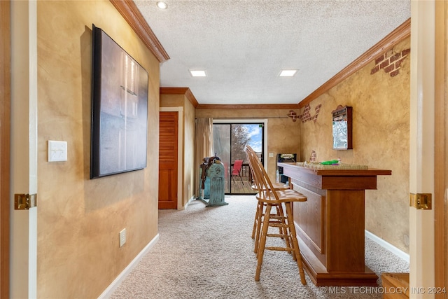 bar with carpet flooring, crown molding, and a textured ceiling