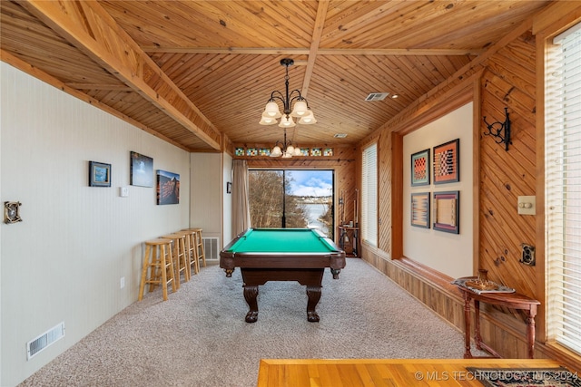 recreation room with carpet, wooden ceiling, and billiards