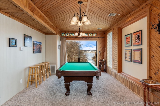 rec room with lofted ceiling, wooden walls, carpet flooring, pool table, and wood ceiling