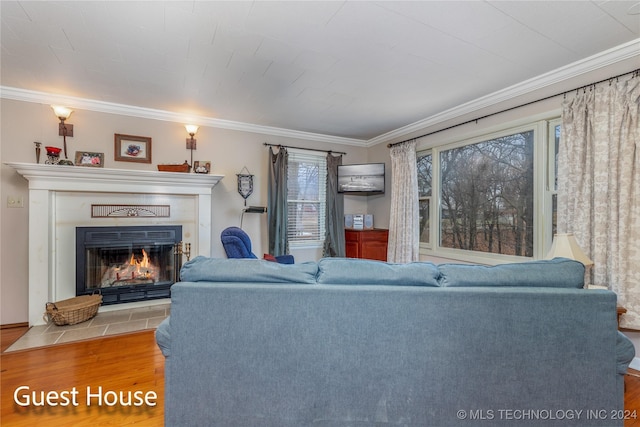 living room featuring a fireplace, wood-type flooring, and ornamental molding