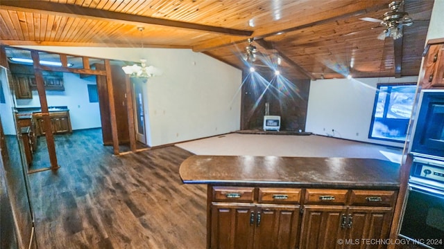 kitchen featuring dark hardwood / wood-style floors, ceiling fan with notable chandelier, lofted ceiling with beams, oven, and wooden ceiling