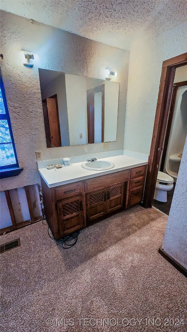 bathroom with vanity, a textured ceiling, and toilet