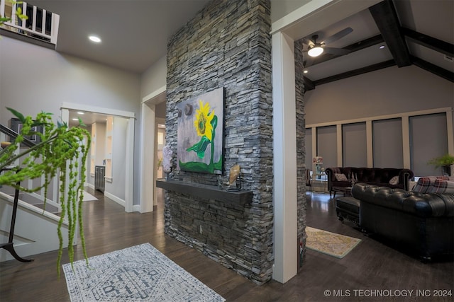 living room with beam ceiling, ceiling fan, high vaulted ceiling, and dark hardwood / wood-style floors