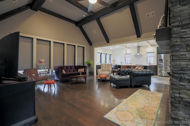 living room featuring hardwood / wood-style floors, high vaulted ceiling, ceiling fan, and beam ceiling