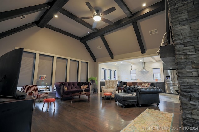 living room with hardwood / wood-style floors, ceiling fan, beam ceiling, and high vaulted ceiling