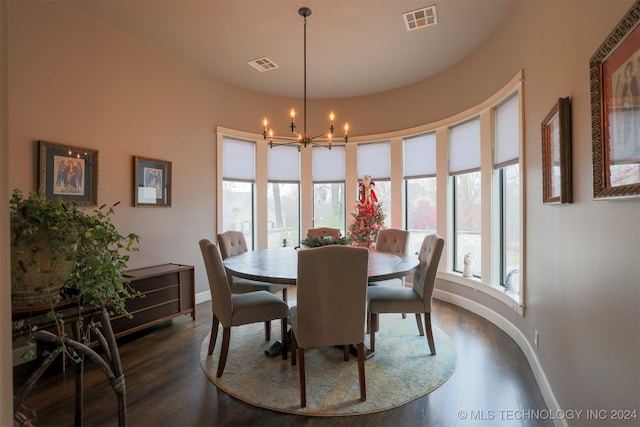 dining area featuring dark hardwood / wood-style flooring and a notable chandelier