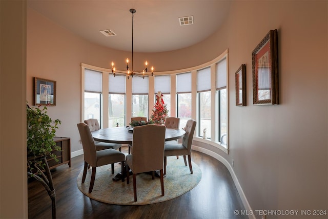 dining area featuring wood-type flooring and an inviting chandelier