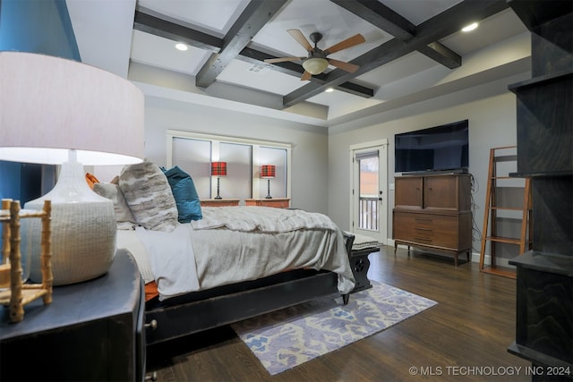 bedroom featuring access to exterior, ceiling fan, coffered ceiling, dark hardwood / wood-style flooring, and beamed ceiling