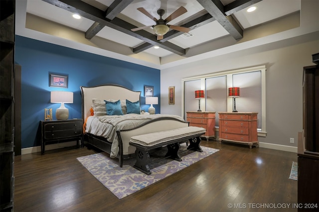 bedroom featuring ceiling fan, dark hardwood / wood-style flooring, beamed ceiling, and coffered ceiling